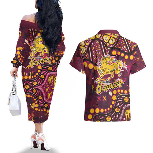 Brisbane Broncos Couples Matching Off The Shoulder Long Sleeve Dress and Hawaiian Shirt Aboriginal Pattern with Graffiti Style Design