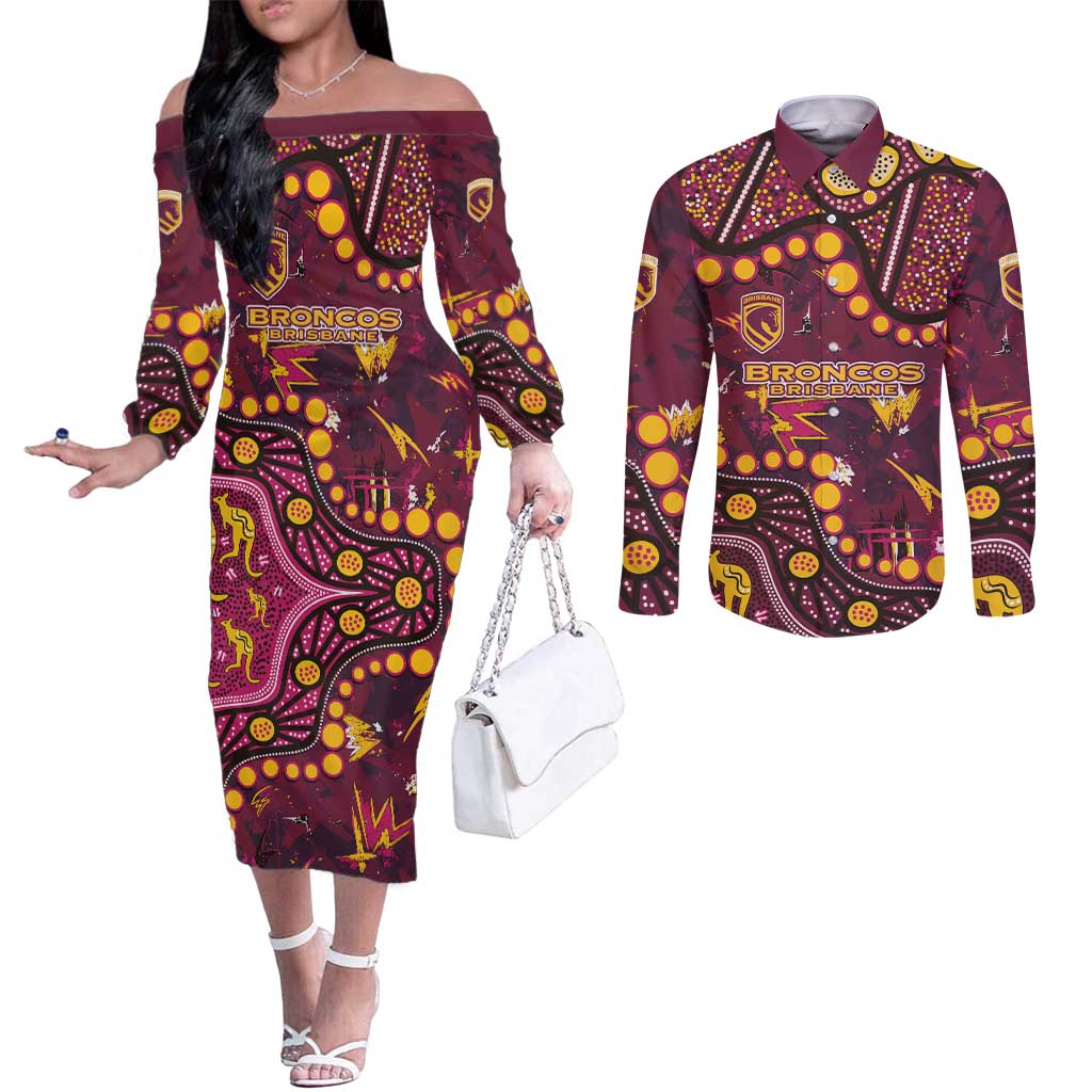 Brisbane Broncos Couples Matching Off The Shoulder Long Sleeve Dress and Long Sleeve Button Shirt Aboriginal Pattern with Graffiti Style Design