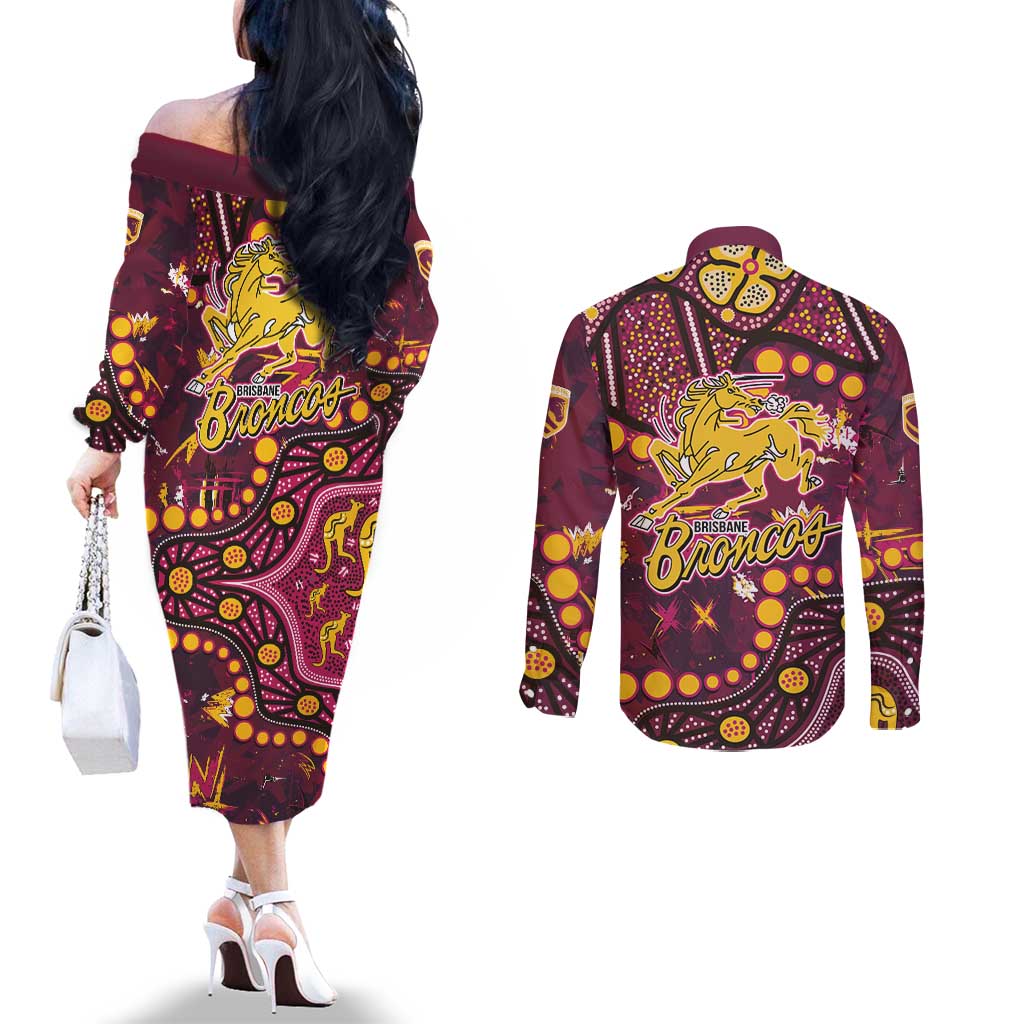 Brisbane Broncos Couples Matching Off The Shoulder Long Sleeve Dress and Long Sleeve Button Shirt Aboriginal Pattern with Graffiti Style Design