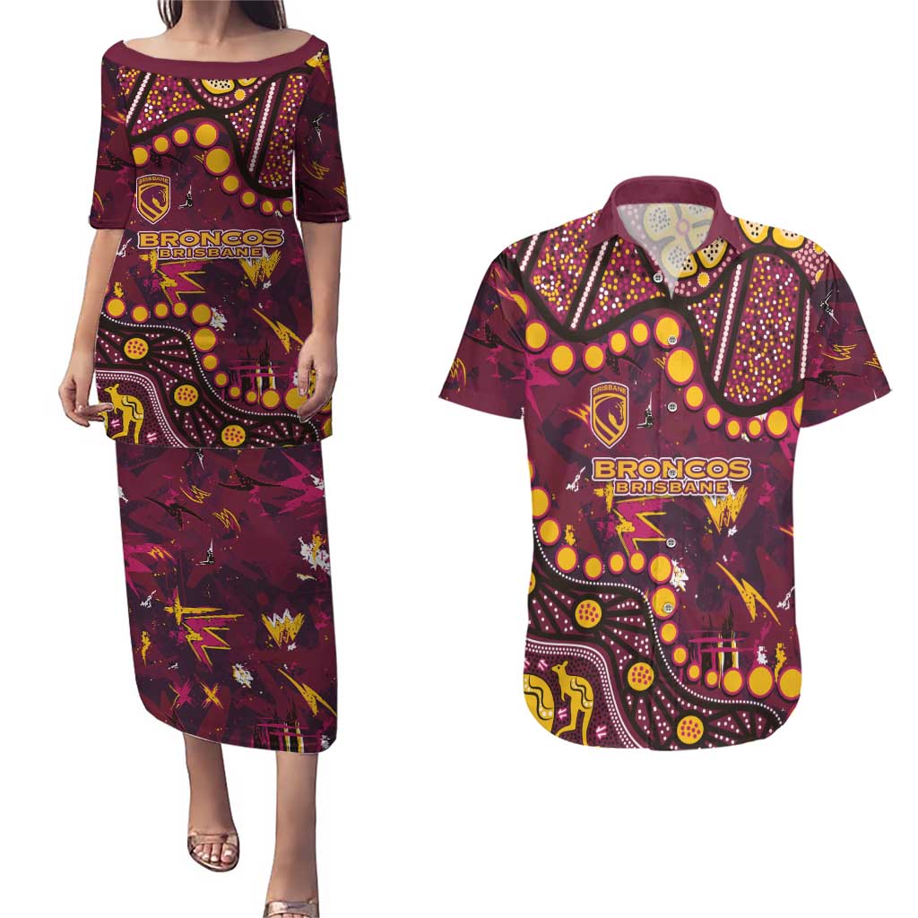 Brisbane Broncos Couples Matching Puletasi and Hawaiian Shirt Aboriginal Pattern with Graffiti Style Design