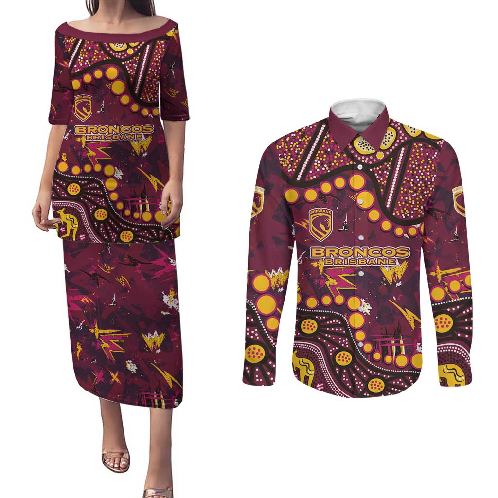 Brisbane Broncos Couples Matching Puletasi and Long Sleeve Button Shirt Aboriginal Pattern with Graffiti Style Design