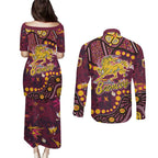 Brisbane Broncos Couples Matching Puletasi and Long Sleeve Button Shirt Aboriginal Pattern with Graffiti Style Design