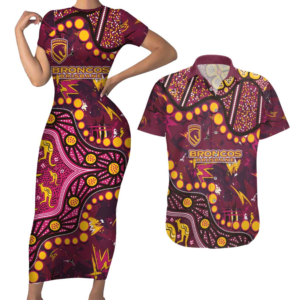 Brisbane Broncos Couples Matching Short Sleeve Bodycon Dress and Hawaiian Shirt Aboriginal Pattern with Graffiti Style Design