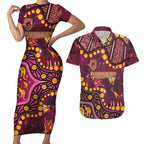 Brisbane Broncos Couples Matching Short Sleeve Bodycon Dress and Hawaiian Shirt Aboriginal Pattern with Graffiti Style Design