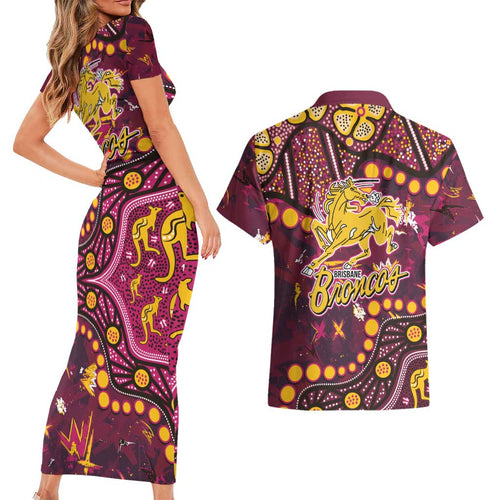 Brisbane Broncos Couples Matching Short Sleeve Bodycon Dress and Hawaiian Shirt Aboriginal Pattern with Graffiti Style Design