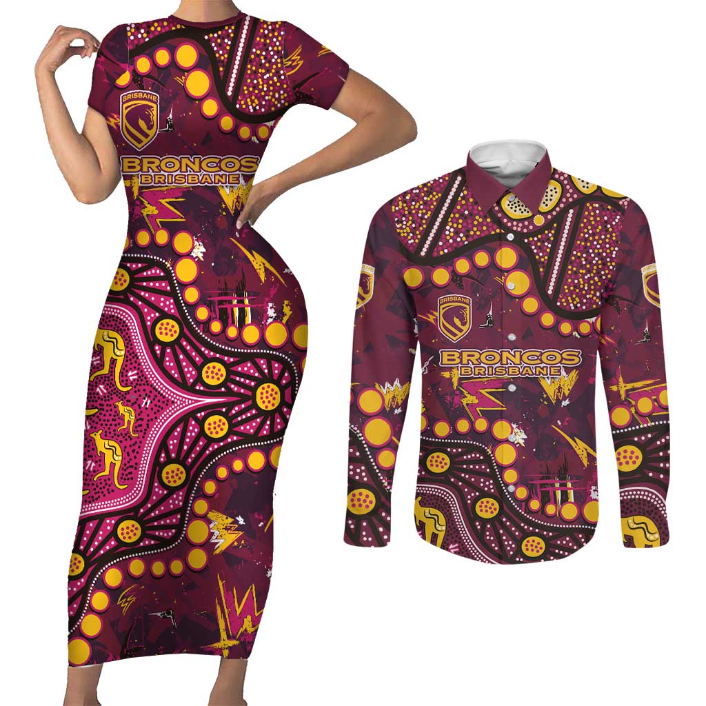 Brisbane Broncos Couples Matching Short Sleeve Bodycon Dress and Long Sleeve Button Shirt Aboriginal Pattern with Graffiti Style Design