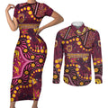 Brisbane Broncos Couples Matching Short Sleeve Bodycon Dress and Long Sleeve Button Shirt Aboriginal Pattern with Graffiti Style Design