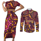 Brisbane Broncos Couples Matching Short Sleeve Bodycon Dress and Long Sleeve Button Shirt Aboriginal Pattern with Graffiti Style Design