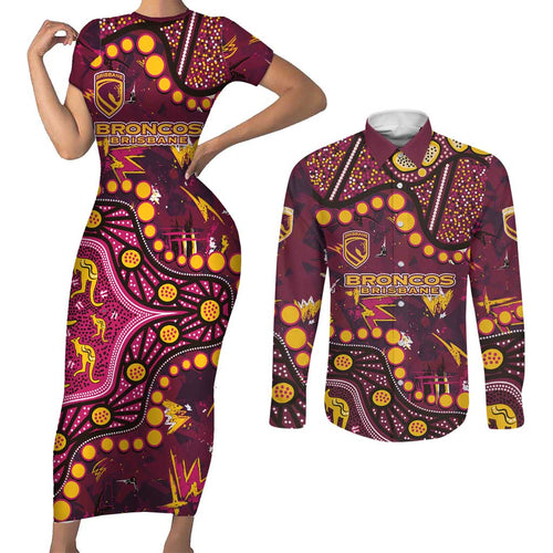 Brisbane Broncos Couples Matching Short Sleeve Bodycon Dress and Long Sleeve Button Shirt Aboriginal Pattern with Graffiti Style Design