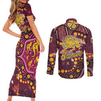 Brisbane Broncos Couples Matching Short Sleeve Bodycon Dress and Long Sleeve Button Shirt Aboriginal Pattern with Graffiti Style Design