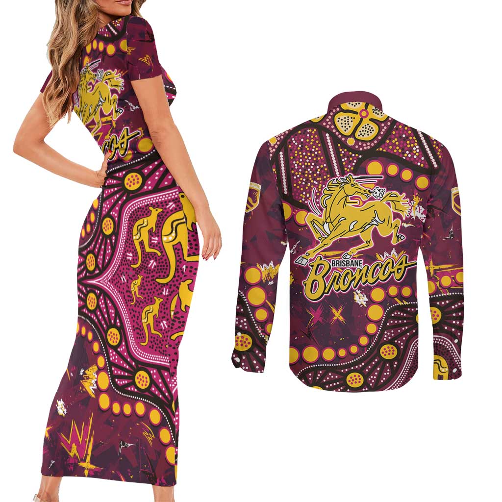 Brisbane Broncos Couples Matching Short Sleeve Bodycon Dress and Long Sleeve Button Shirt Aboriginal Pattern with Graffiti Style Design