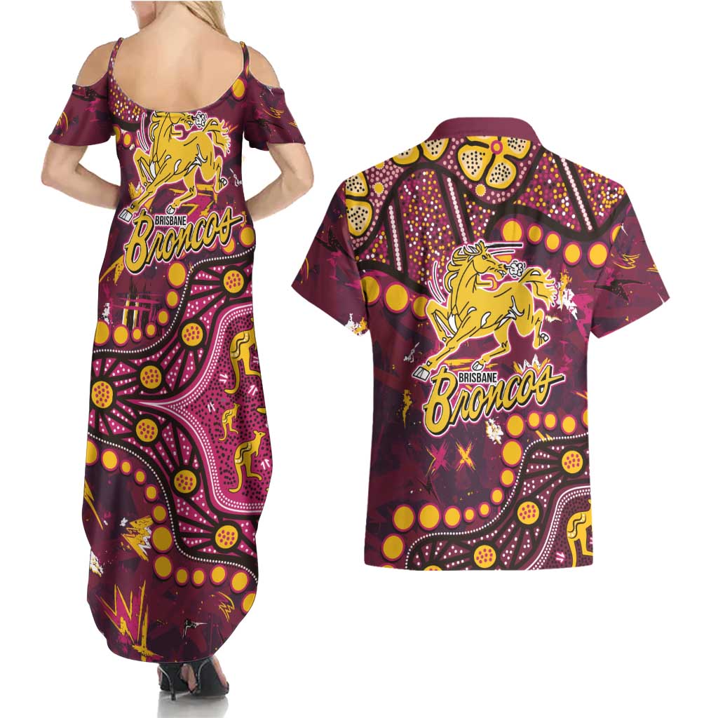 Brisbane Broncos Couples Matching Summer Maxi Dress and Hawaiian Shirt Aboriginal Pattern with Graffiti Style Design