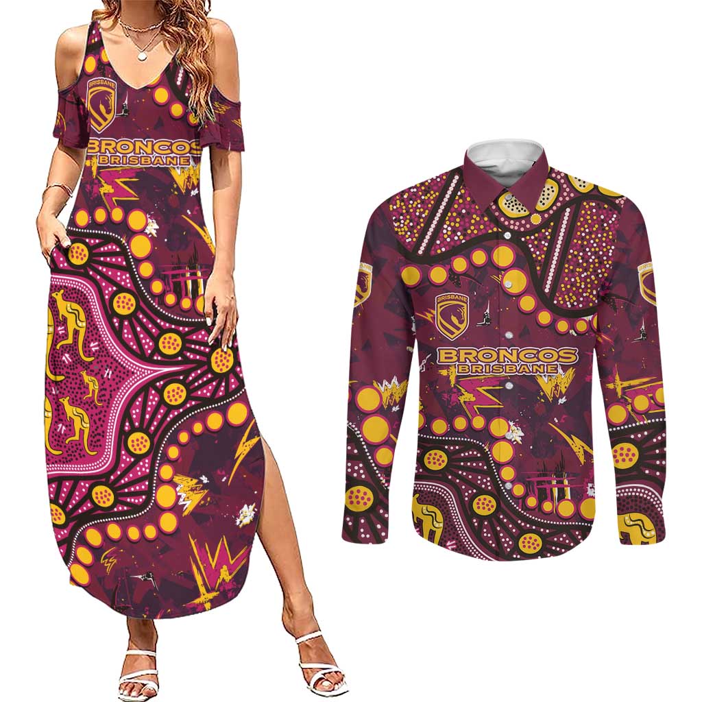Brisbane Broncos Couples Matching Summer Maxi Dress and Long Sleeve Button Shirt Aboriginal Pattern with Graffiti Style Design