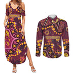 Brisbane Broncos Couples Matching Summer Maxi Dress and Long Sleeve Button Shirt Aboriginal Pattern with Graffiti Style Design