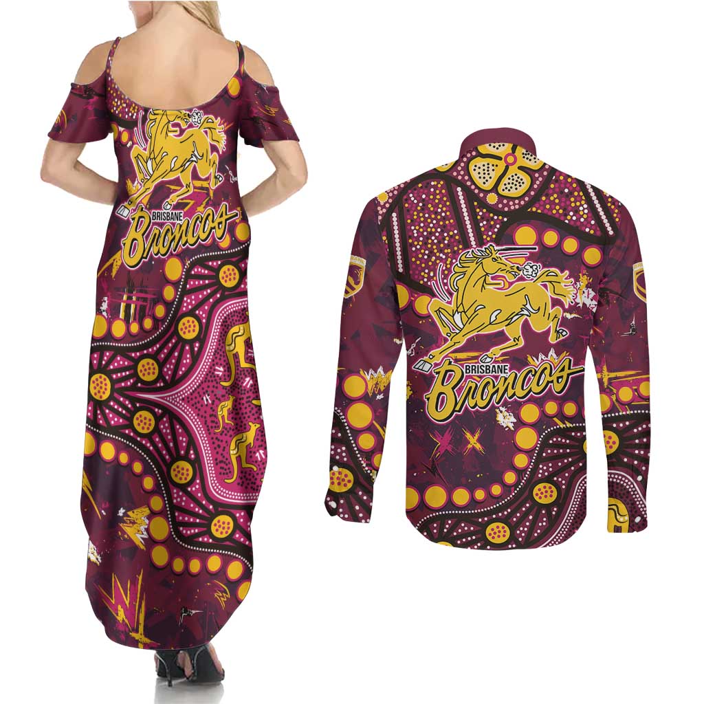 Brisbane Broncos Couples Matching Summer Maxi Dress and Long Sleeve Button Shirt Aboriginal Pattern with Graffiti Style Design