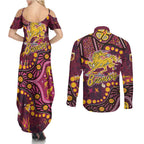 Brisbane Broncos Couples Matching Summer Maxi Dress and Long Sleeve Button Shirt Aboriginal Pattern with Graffiti Style Design