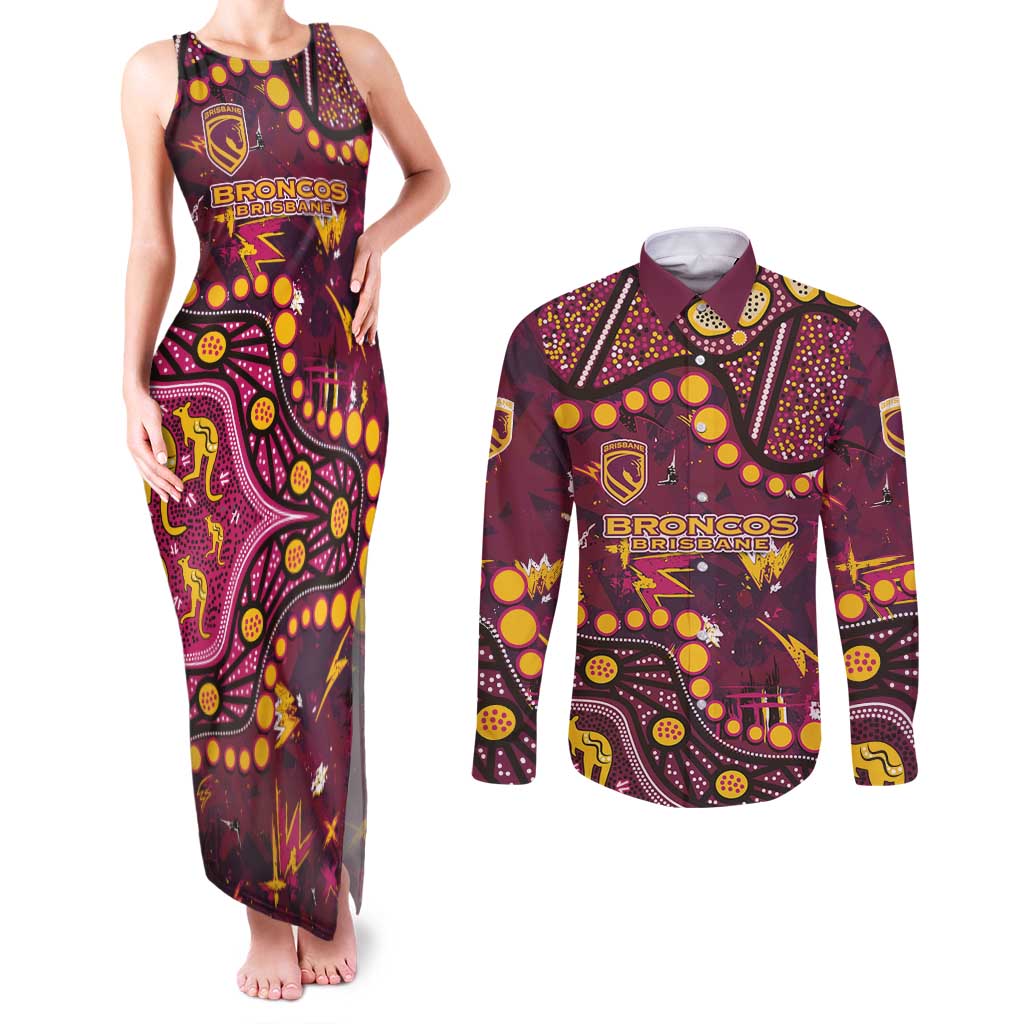 Brisbane Broncos Couples Matching Tank Maxi Dress and Long Sleeve Button Shirt Aboriginal Pattern with Graffiti Style Design