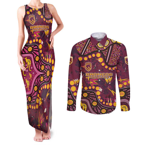 Brisbane Broncos Couples Matching Tank Maxi Dress and Long Sleeve Button Shirt Aboriginal Pattern with Graffiti Style Design