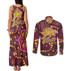 Brisbane Broncos Couples Matching Tank Maxi Dress and Long Sleeve Button Shirt Aboriginal Pattern with Graffiti Style Design