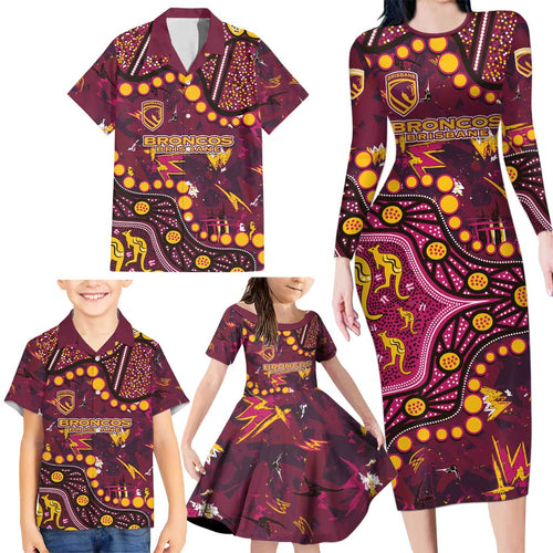 Brisbane Broncos Family Matching Long Sleeve Bodycon Dress and Hawaiian Shirt Aboriginal Pattern with Graffiti Style Design
