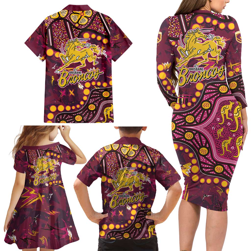 Brisbane Broncos Family Matching Long Sleeve Bodycon Dress and Hawaiian Shirt Aboriginal Pattern with Graffiti Style Design