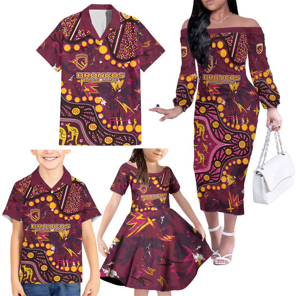 Brisbane Broncos Family Matching Off The Shoulder Long Sleeve Dress and Hawaiian Shirt Aboriginal Pattern with Graffiti Style Design