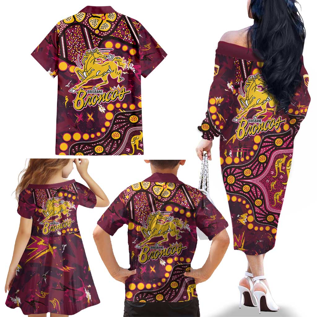 Brisbane Broncos Family Matching Off The Shoulder Long Sleeve Dress and Hawaiian Shirt Aboriginal Pattern with Graffiti Style Design