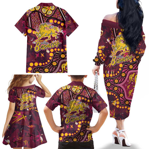 Brisbane Broncos Family Matching Off The Shoulder Long Sleeve Dress and Hawaiian Shirt Aboriginal Pattern with Graffiti Style Design