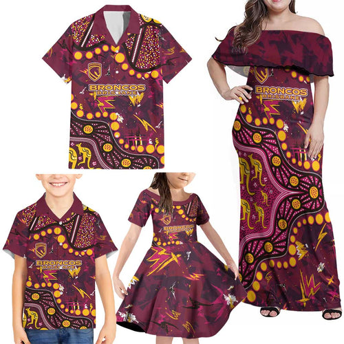Brisbane Broncos Family Matching Off Shoulder Maxi Dress and Hawaiian Shirt Aboriginal Pattern with Graffiti Style Design