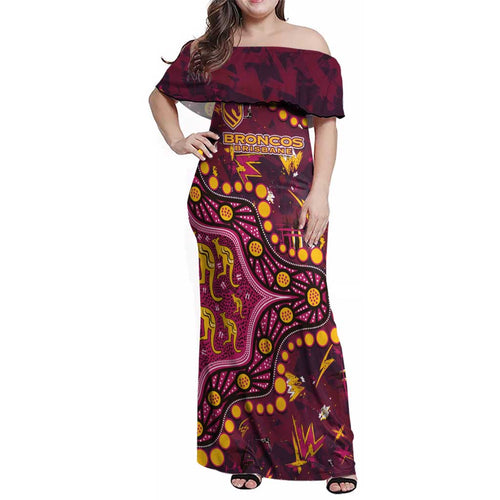 Brisbane Broncos Family Matching Off Shoulder Maxi Dress and Hawaiian Shirt Aboriginal Pattern with Graffiti Style Design
