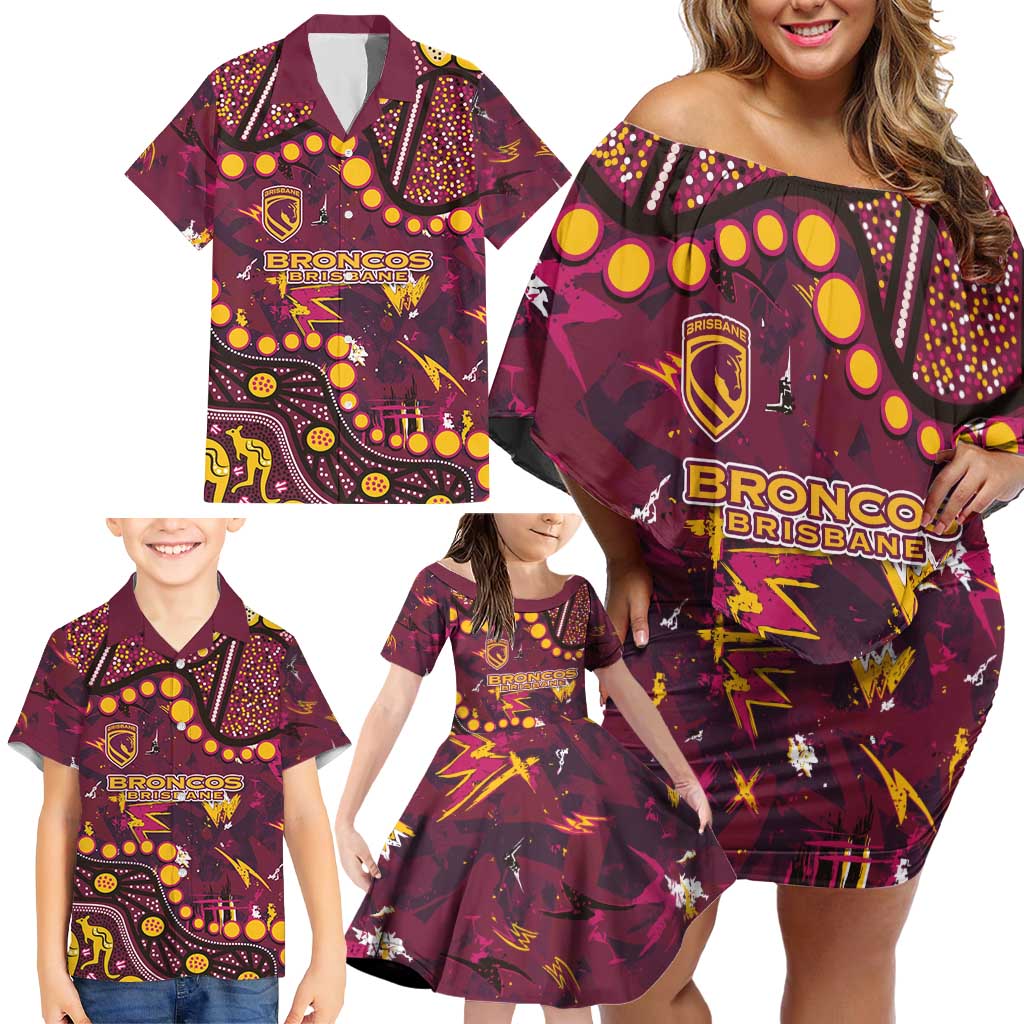 Brisbane Broncos Family Matching Off Shoulder Short Dress and Hawaiian Shirt Aboriginal Pattern with Graffiti Style Design