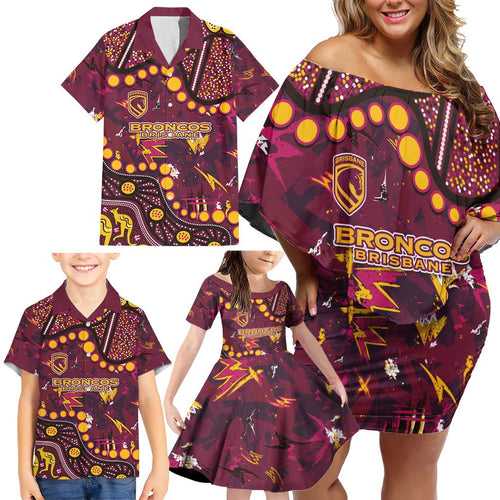 Brisbane Broncos Family Matching Off Shoulder Short Dress and Hawaiian Shirt Aboriginal Pattern with Graffiti Style Design