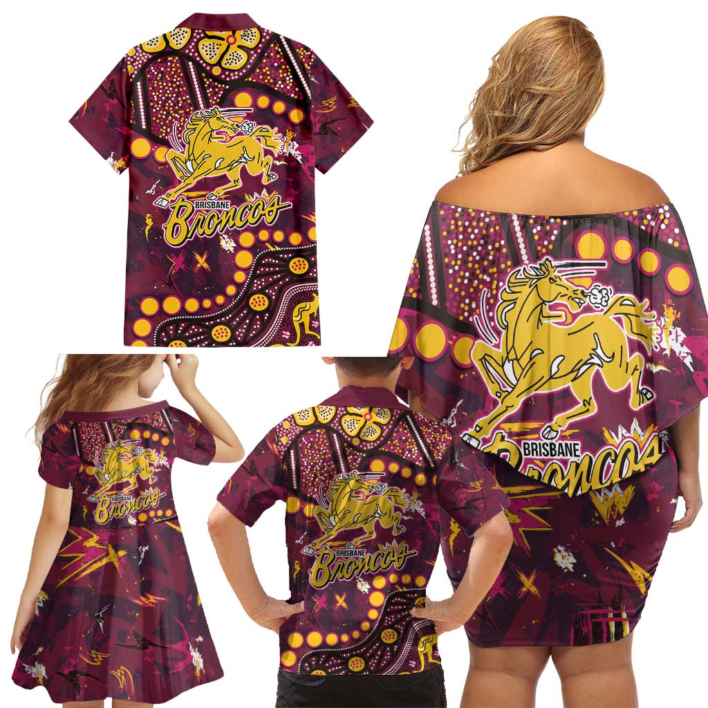 Brisbane Broncos Family Matching Off Shoulder Short Dress and Hawaiian Shirt Aboriginal Pattern with Graffiti Style Design