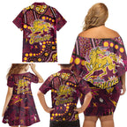 Brisbane Broncos Family Matching Off Shoulder Short Dress and Hawaiian Shirt Aboriginal Pattern with Graffiti Style Design
