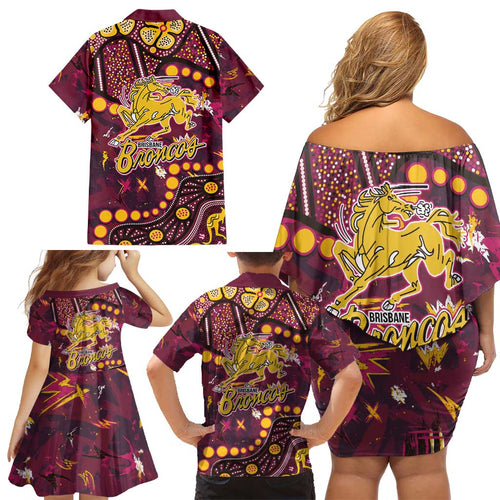 Brisbane Broncos Family Matching Off Shoulder Short Dress and Hawaiian Shirt Aboriginal Pattern with Graffiti Style Design