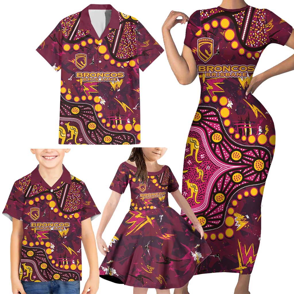 Brisbane Broncos Family Matching Short Sleeve Bodycon Dress and Hawaiian Shirt Aboriginal Pattern with Graffiti Style Design