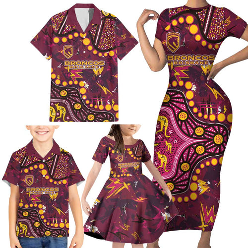 Brisbane Broncos Family Matching Short Sleeve Bodycon Dress and Hawaiian Shirt Aboriginal Pattern with Graffiti Style Design