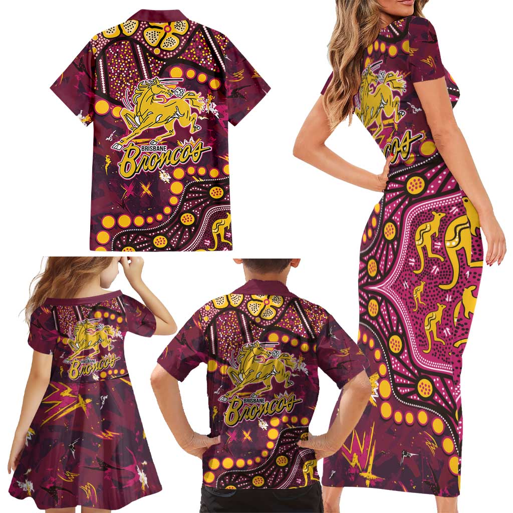 Brisbane Broncos Family Matching Short Sleeve Bodycon Dress and Hawaiian Shirt Aboriginal Pattern with Graffiti Style Design