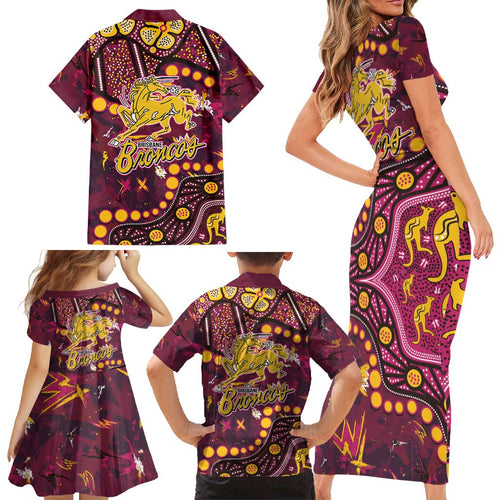 Brisbane Broncos Family Matching Short Sleeve Bodycon Dress and Hawaiian Shirt Aboriginal Pattern with Graffiti Style Design