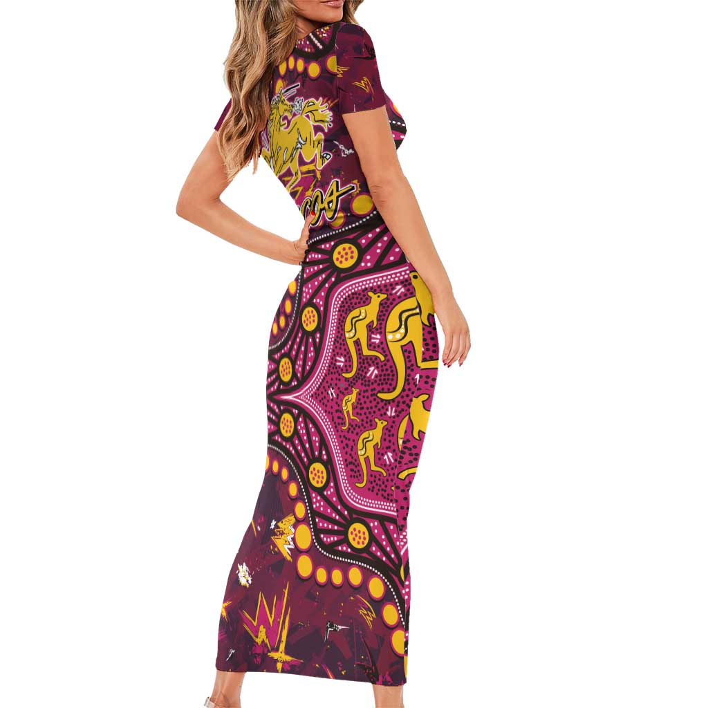 Brisbane Broncos Family Matching Short Sleeve Bodycon Dress and Hawaiian Shirt Aboriginal Pattern with Graffiti Style Design