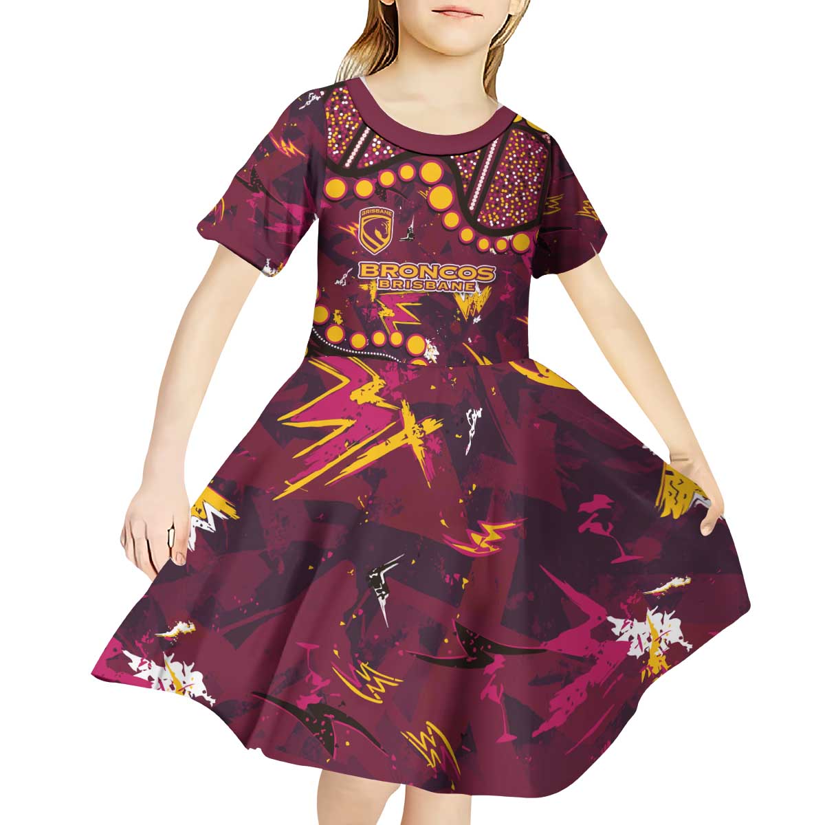 Brisbane Broncos Kid Short Sleeve Dress Aboriginal Pattern with Graffiti Style Design