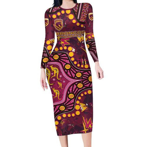 Brisbane Broncos Long Sleeve Bodycon Dress Aboriginal Pattern with Graffiti Style Design