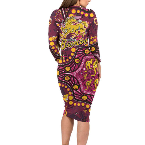 Brisbane Broncos Long Sleeve Bodycon Dress Aboriginal Pattern with Graffiti Style Design