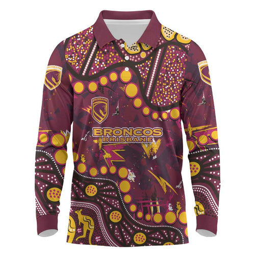 Brisbane Broncos Long Sleeve Polo Shirt Aboriginal Pattern with Graffiti Style Design