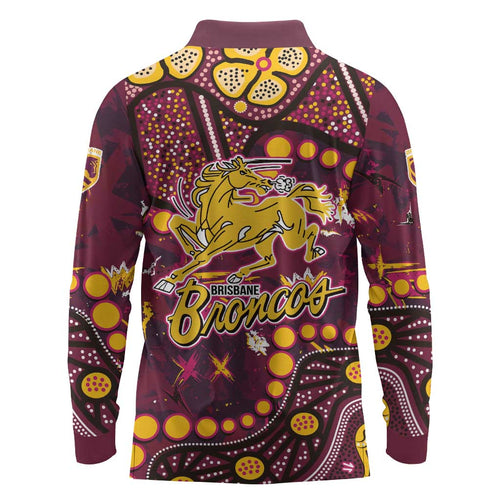Brisbane Broncos Long Sleeve Polo Shirt Aboriginal Pattern with Graffiti Style Design