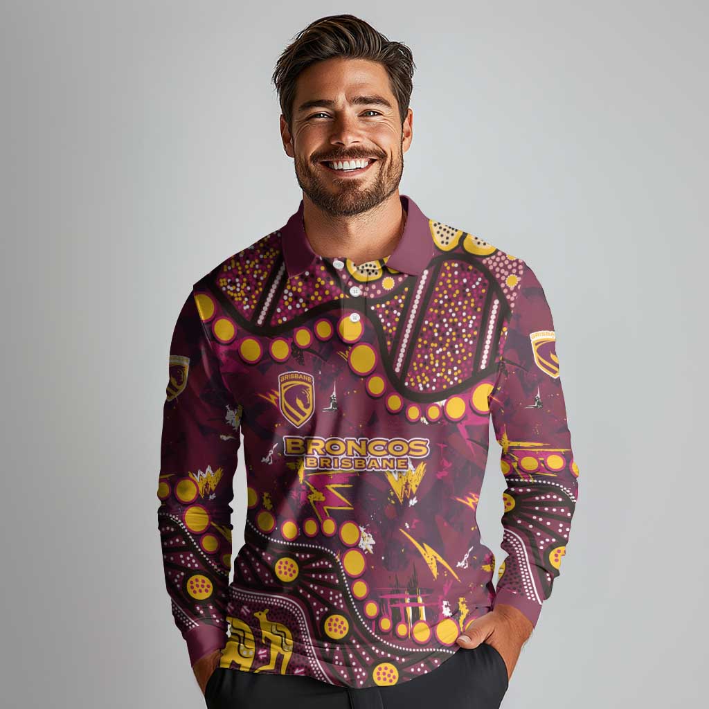 Brisbane Broncos Long Sleeve Polo Shirt Aboriginal Pattern with Graffiti Style Design