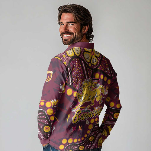 Brisbane Broncos Long Sleeve Polo Shirt Aboriginal Pattern with Graffiti Style Design