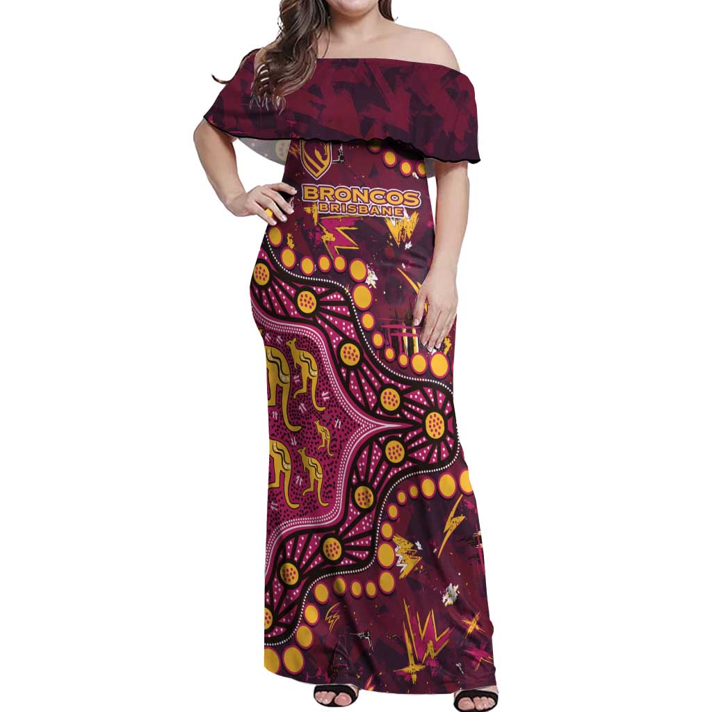 Brisbane Broncos Off Shoulder Maxi Dress Aboriginal Pattern with Graffiti Style Design