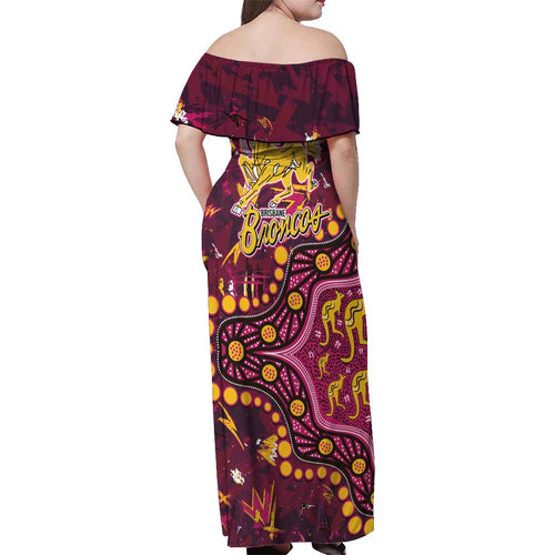 Brisbane Broncos Off Shoulder Maxi Dress Aboriginal Pattern with Graffiti Style Design