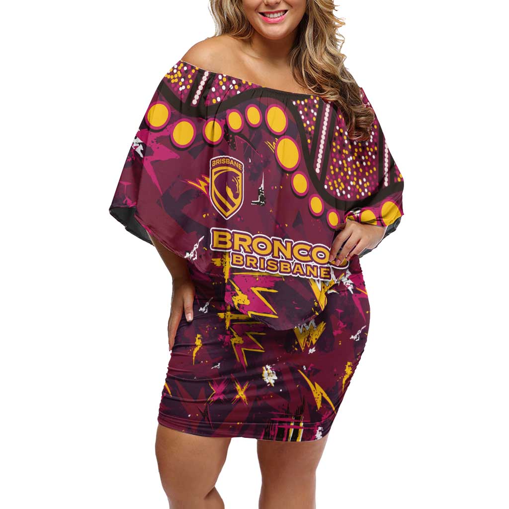 Brisbane Broncos Off Shoulder Short Dress Aboriginal Pattern with Graffiti Style Design
